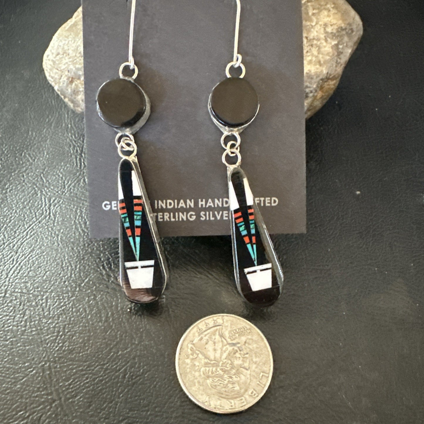 XL Navajo Onyx Turquoise Coral Inlay Earrings Sterling Silver Handmade 19774