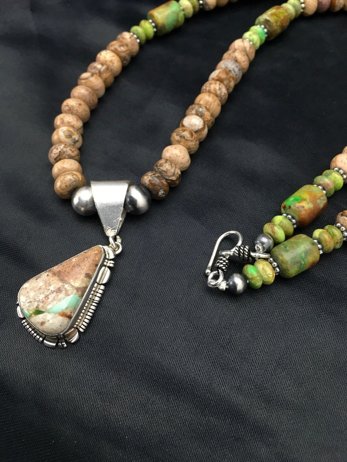Green Turquoise & Picture Jasper Navajo Sterling Silver Necklace 02611
