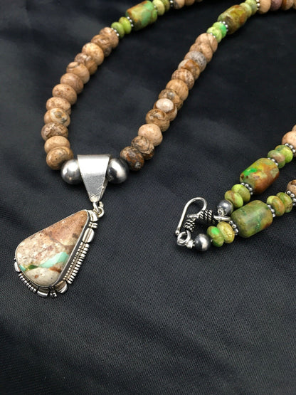 Green Turquoise & Picture Jasper Navajo Sterling Silver Necklace 02611