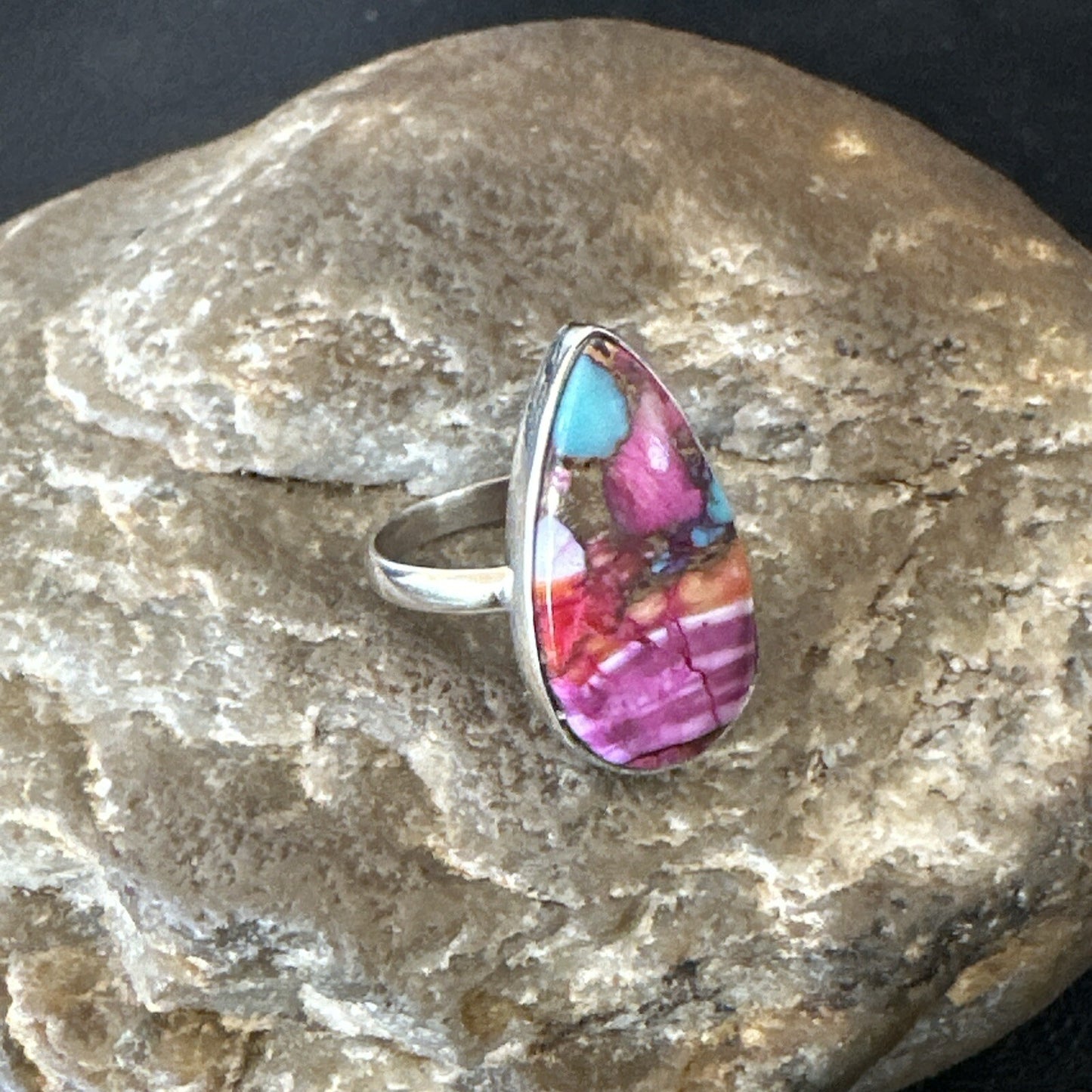 Blue Turquoise Spiny Oyster Southwestern Sterling Silver Ring Size 7 18425
