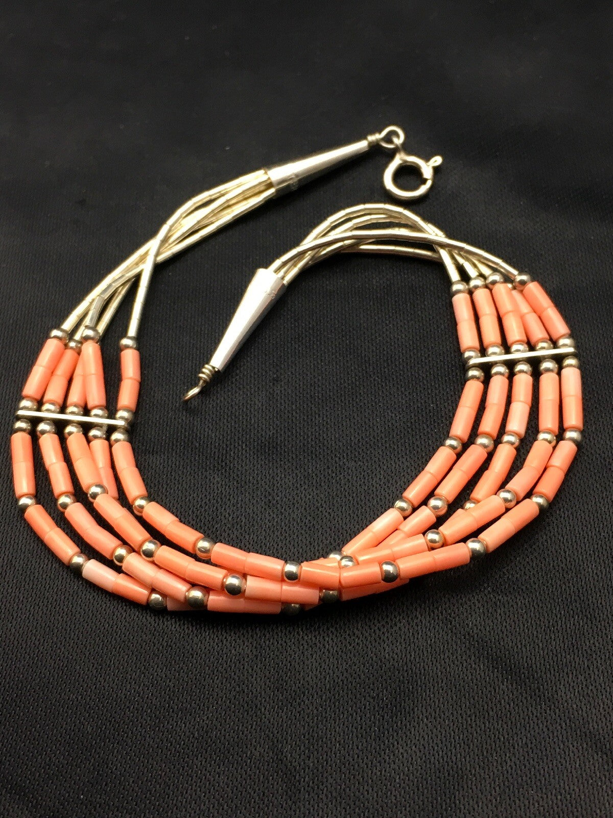 Native Pink Coral 5 Strand Heishi Liquid Sterling Silver Bracelet 7" 4345