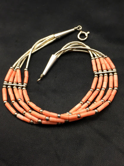 Native Pink Coral 5 Strand Heishi Liquid Sterling Silver Bracelet 7" 4345