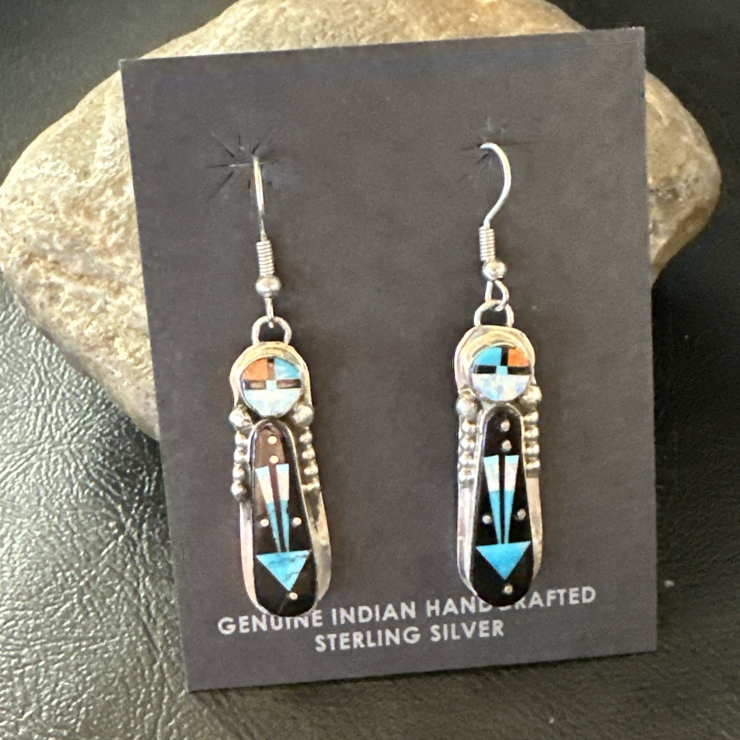 Navajo Onyx Opal Turquoise Inlay Earrings Sterling Silver Handmade 19773