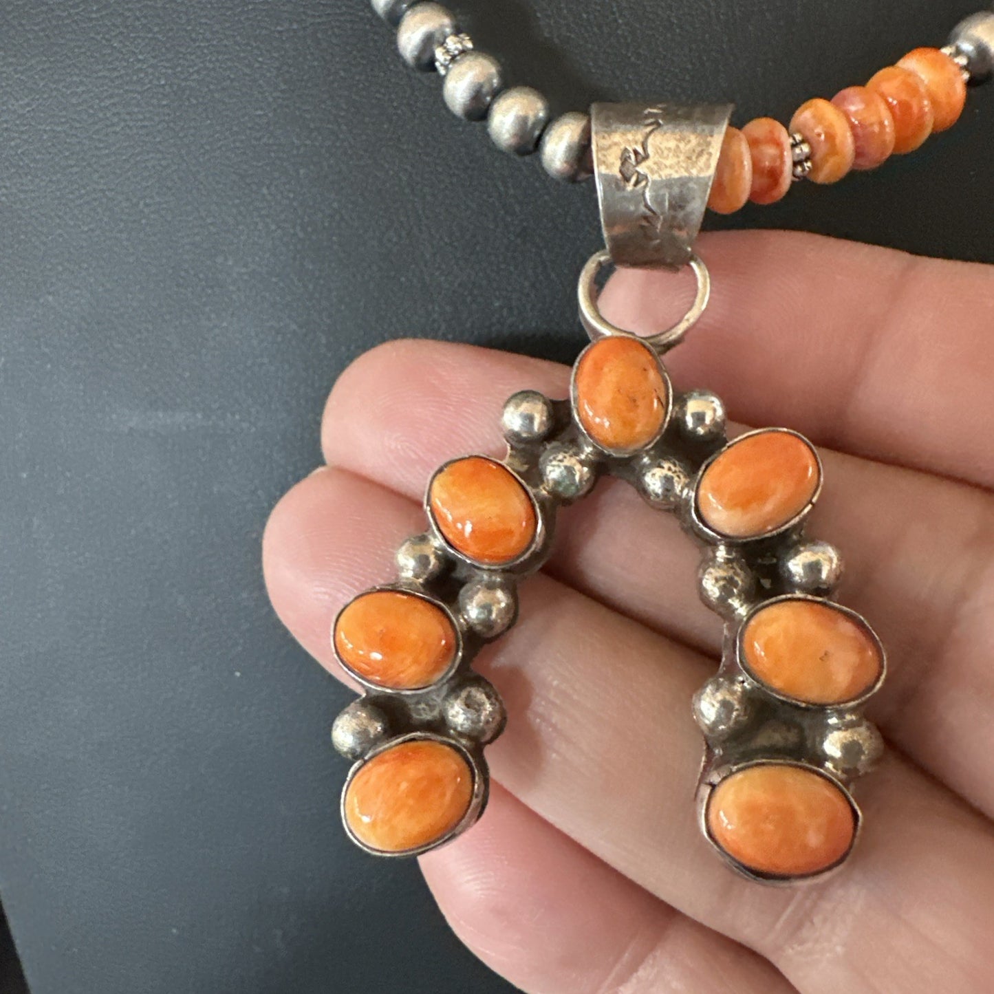 Navajo Pearls Sterling Necklace Orange Spiny Oyster Cluster Naja Pendant 19552