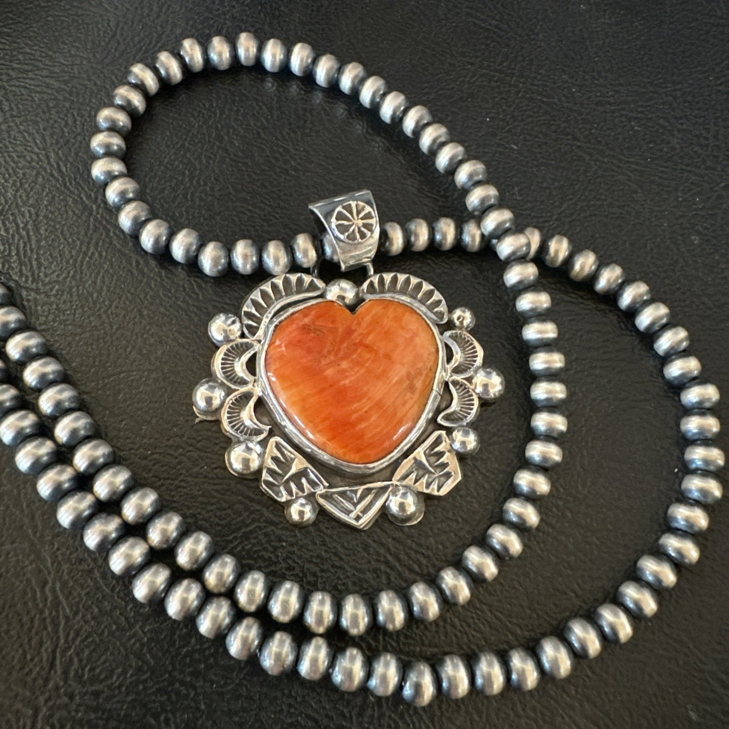 H Joe Orange Spiny Oyster Heart Pendant Navajo Sterling Silver Necklace 19486