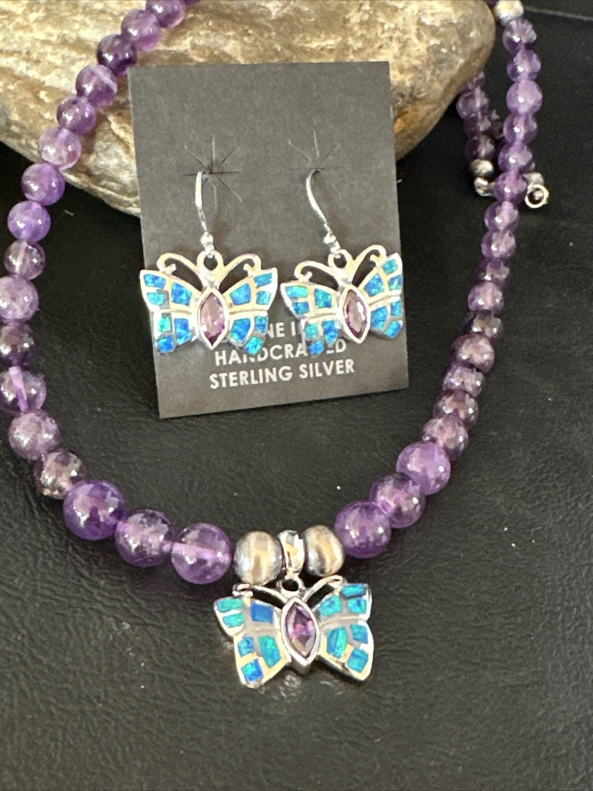 Butterfly Navajo Purple Amethyst Opal Sterling Silver Necklace Earrings 15299