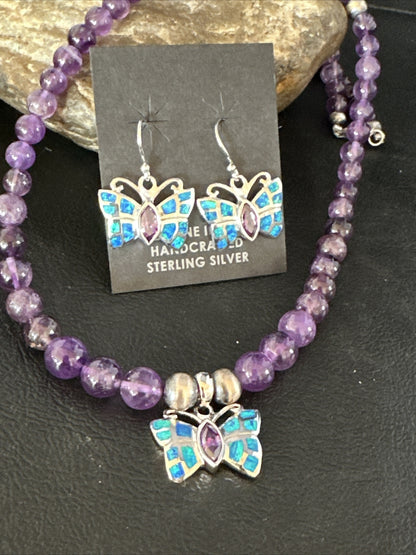 Butterfly Navajo Purple Amethyst Opal Sterling Silver Necklace Earrings 15299