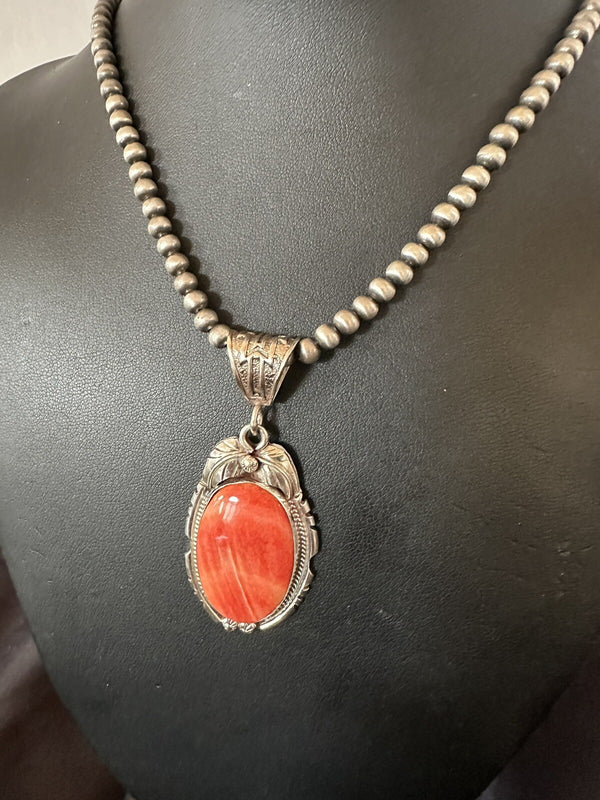 Women's Red Spiny Oyster Pendant Navajo Necklace | Sterling Silver | Authentic Native American Handmade | 18365