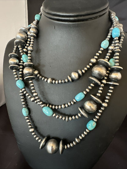 Native Navajo Sterling Silver Beads Blue Turquoise 72 in Necklace 19117