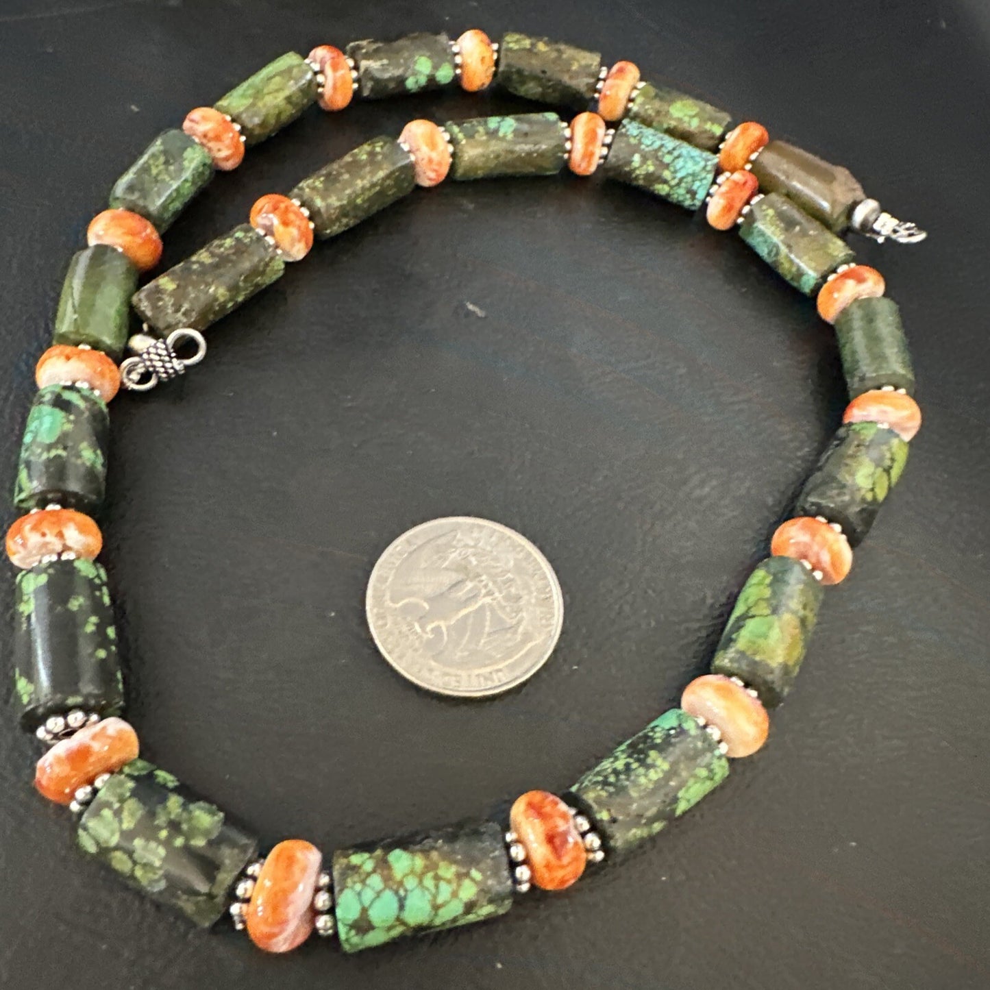 Green Turquoise Spiny Oyster Native Navajo Pearls Sterling Silver Necklace 14985