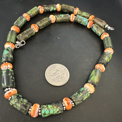 Green Turquoise Spiny Oyster Native Navajo Pearls Sterling Silver Necklace 14985