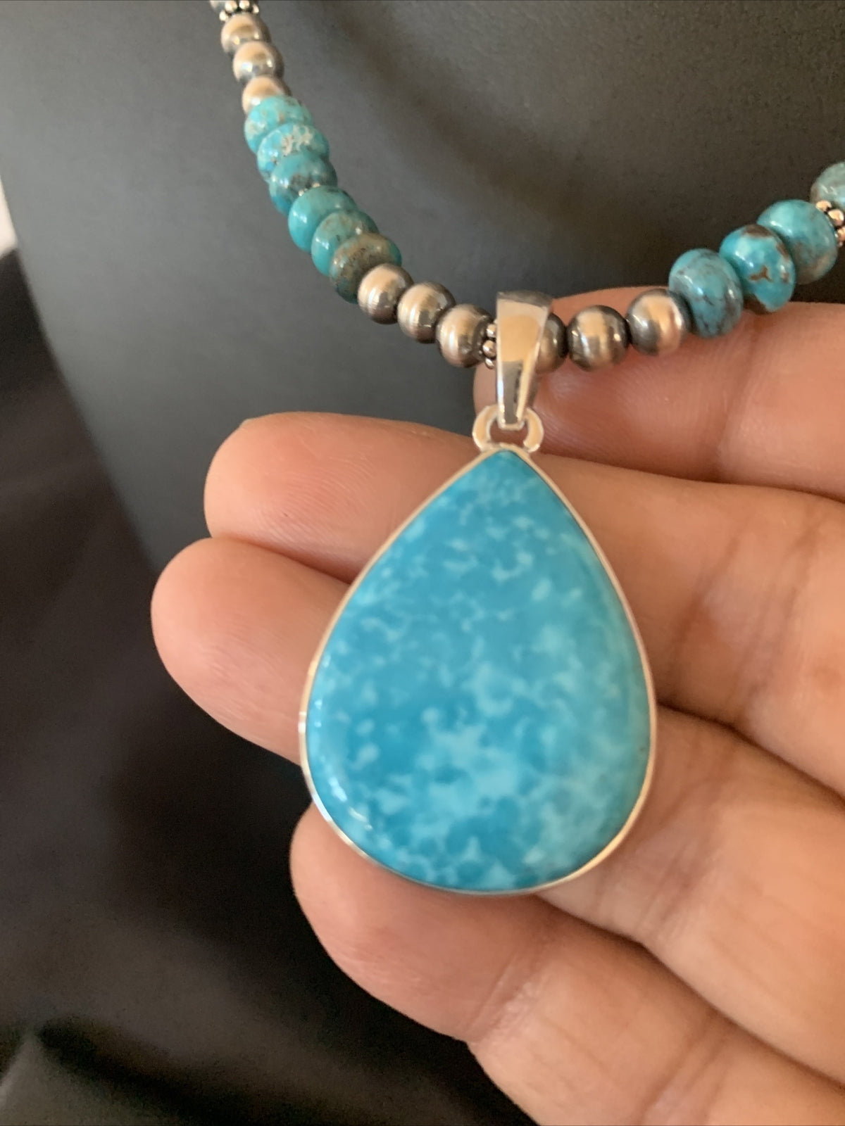 Womens Blue Kingman Turquoise Sterling Silver Beads Necklace Pendant 11692