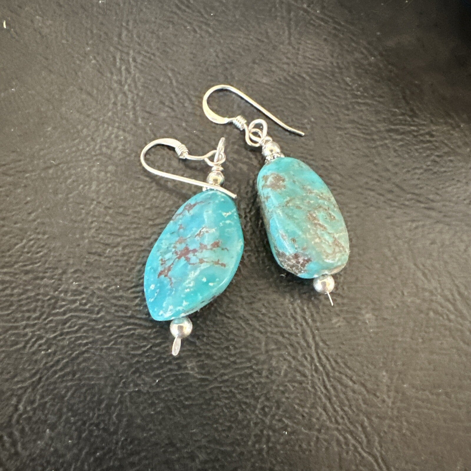 Blue Turquoise Nugget Sterling Silver Beads Earrings 1" 17867