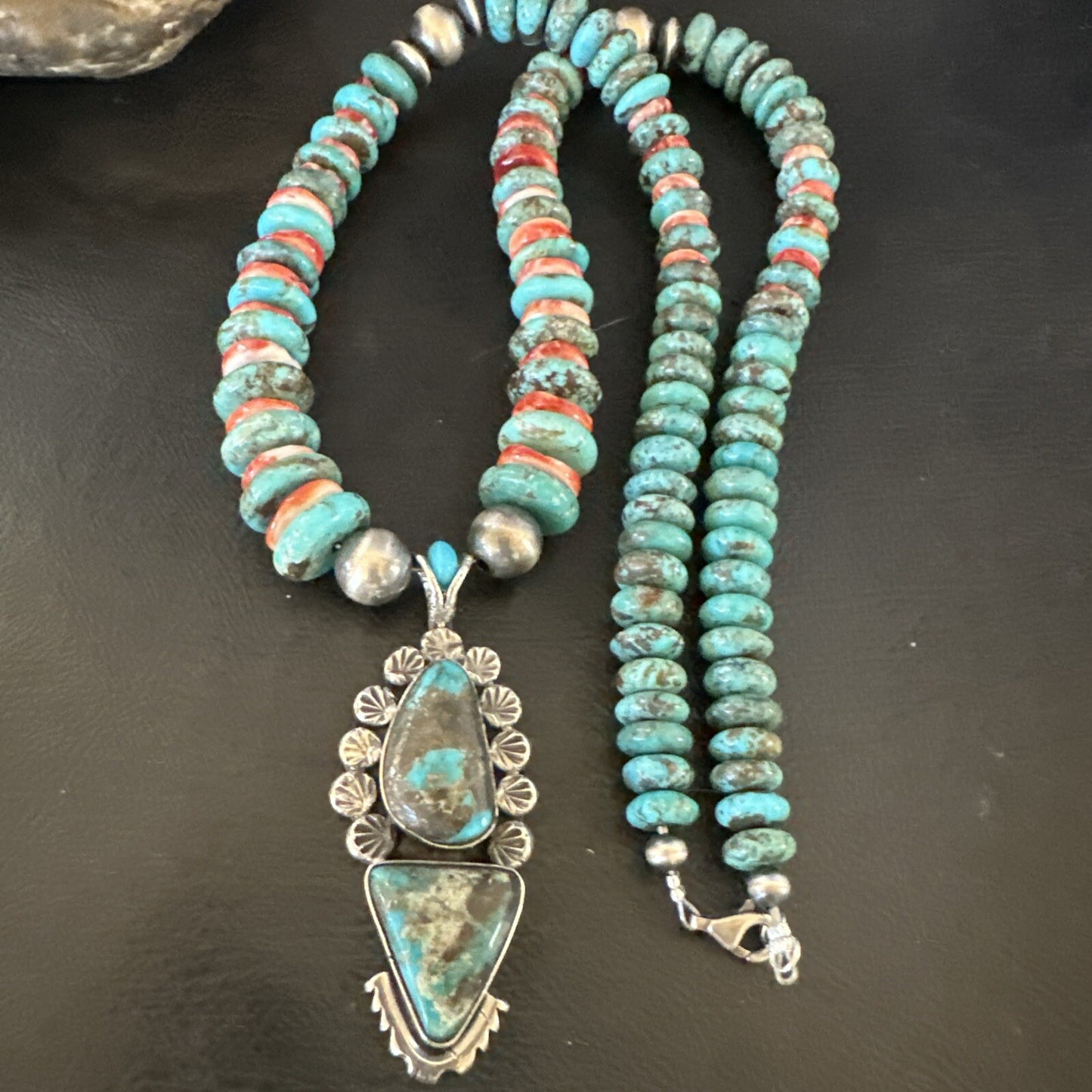 Blue Kingman Turquoise Spiny Navajo Sterling Silver Pendant Necklace 23” 17690