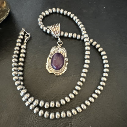 Purple Stone Pendant Navajo Pearls Sterling Silver Necklace 20” 18403
