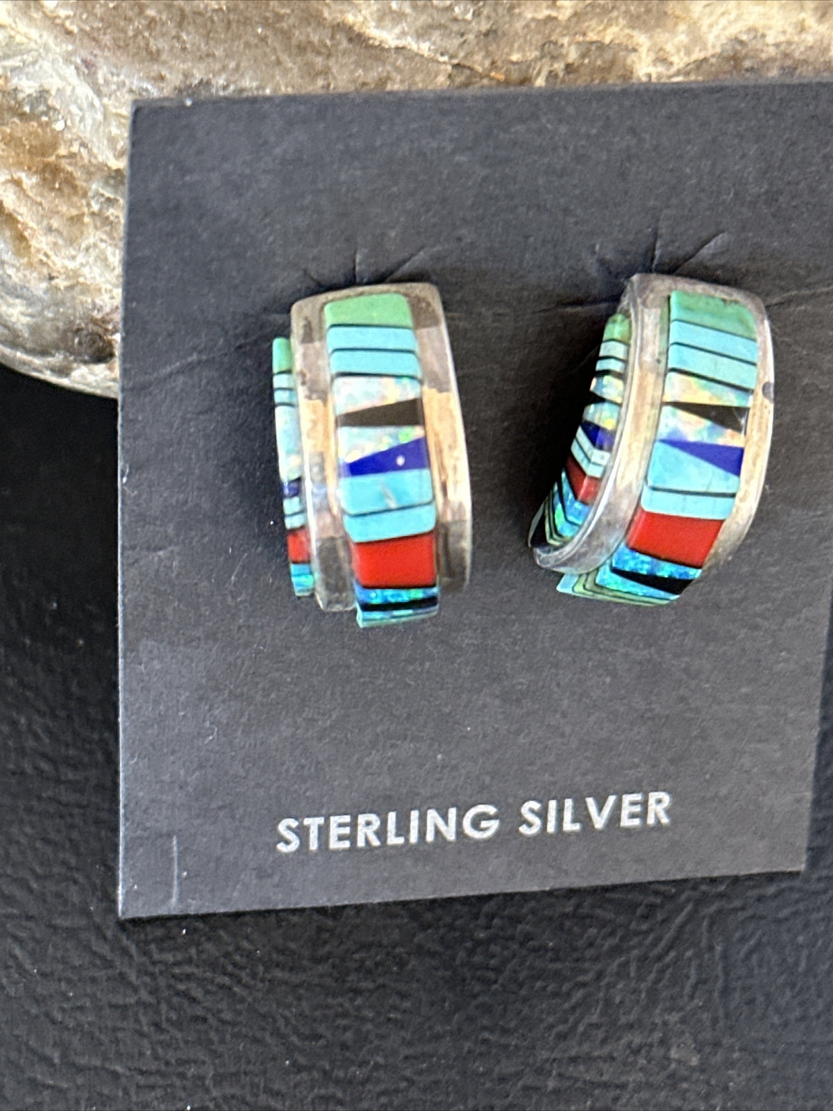 Blue Turquoise & Spiny Oyster Navajo Sterling Silver Inlay Earrings 1” 14765