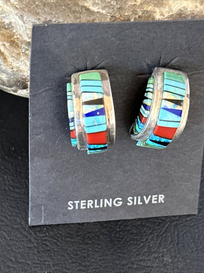 Blue Turquoise & Spiny Oyster Navajo Sterling Silver Inlay Earrings 1” 14765