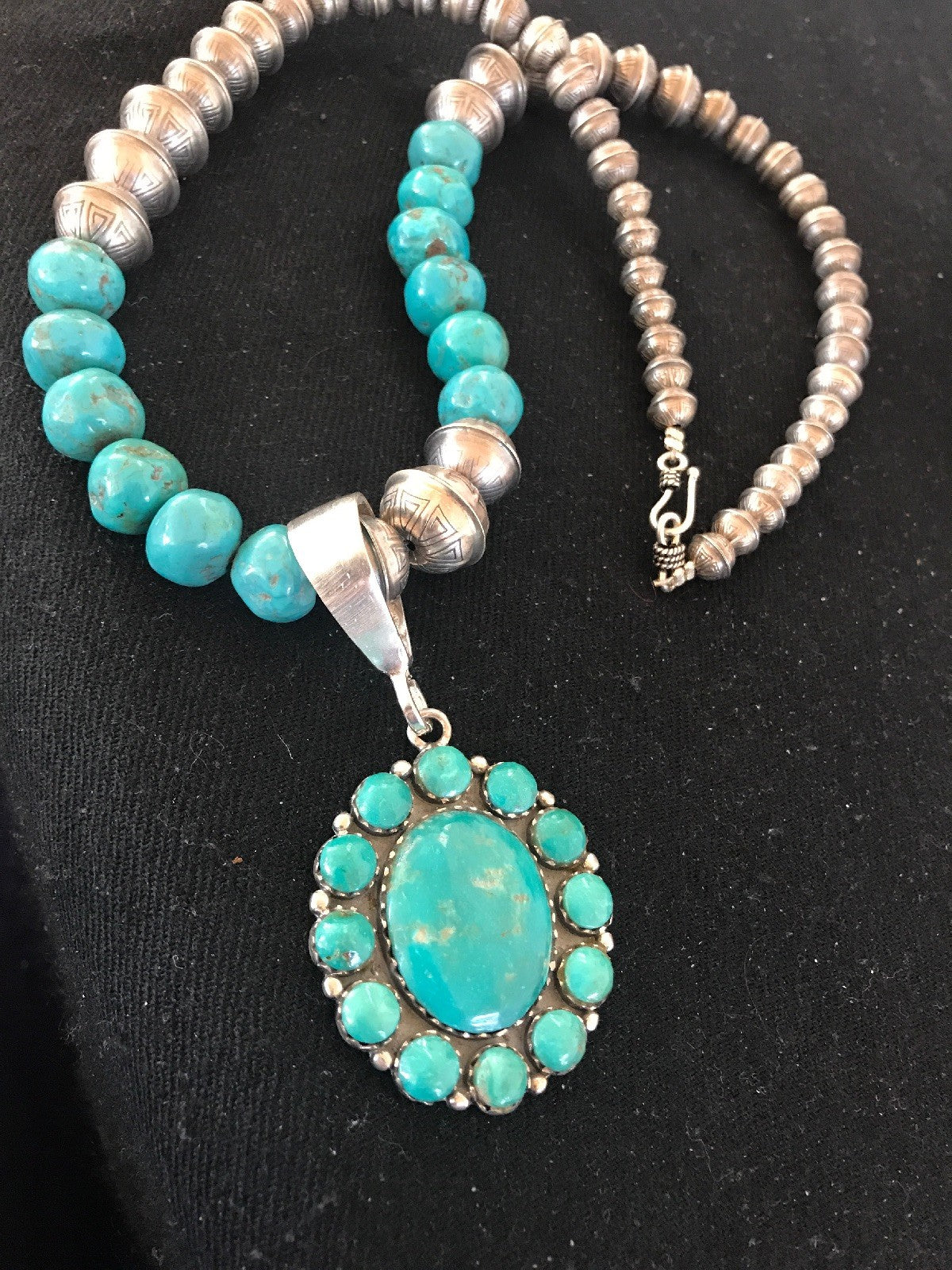 Navajo Pearls Kingman Beads Turquoise Sterling Silver Necklace Pendant 01223