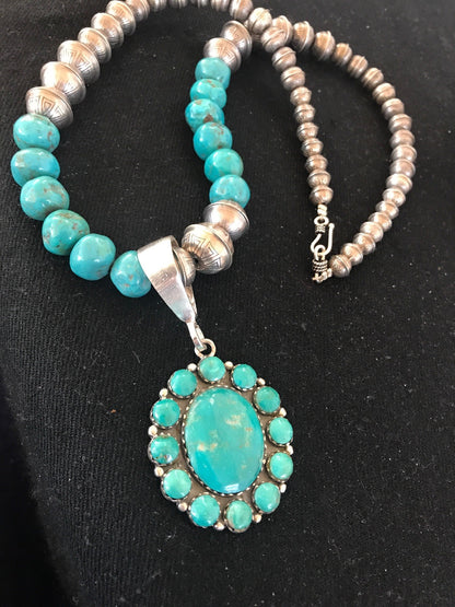 Navajo Pearls Kingman Beads Turquoise Sterling Silver Necklace Pendant 01223