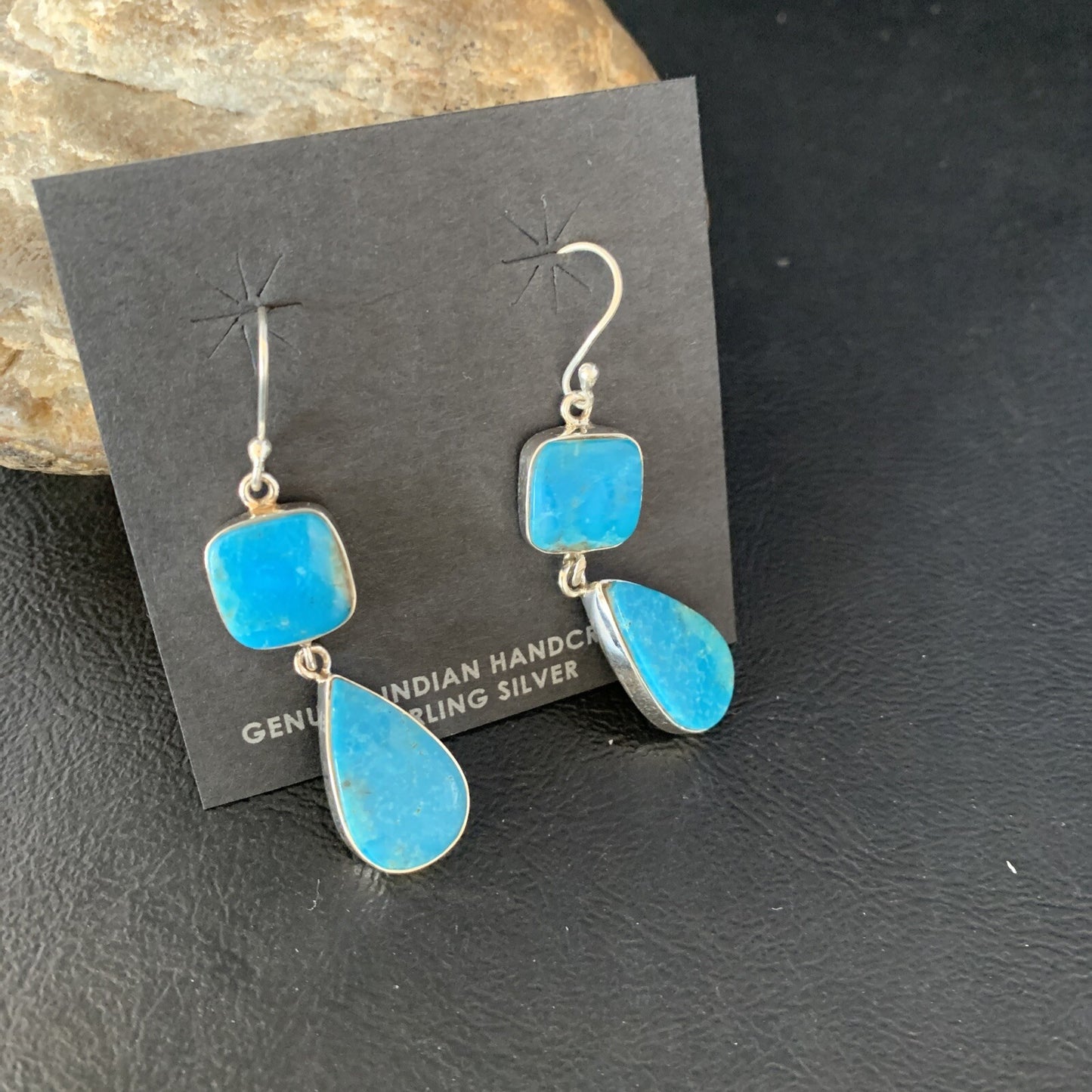 Kingman Turquoise Handmade Navajo Sterling Silver Dangle Earrings 1.5" 14012