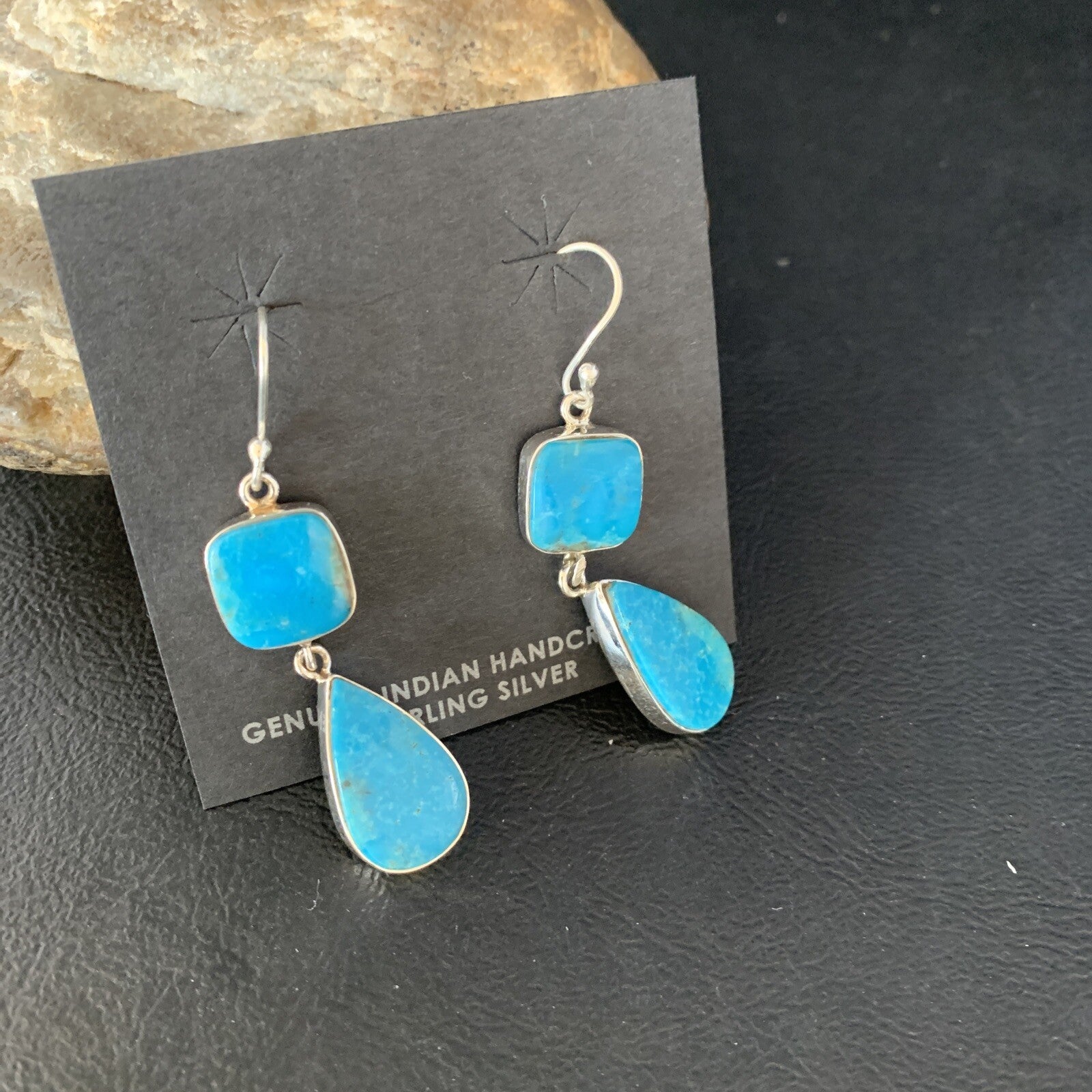 Kingman Turquoise Handmade Navajo Sterling Silver Dangle Earrings 1.5" 14012