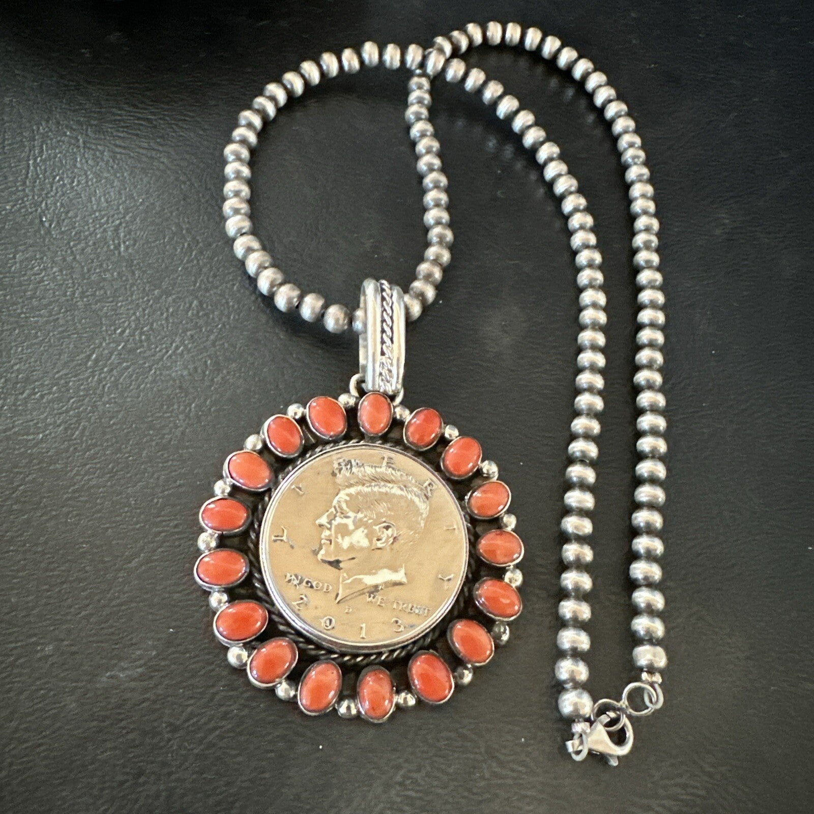 Coin Pendant Red Spiny Oyster Turquoise Navajo Sterling Silver Necklace 17925