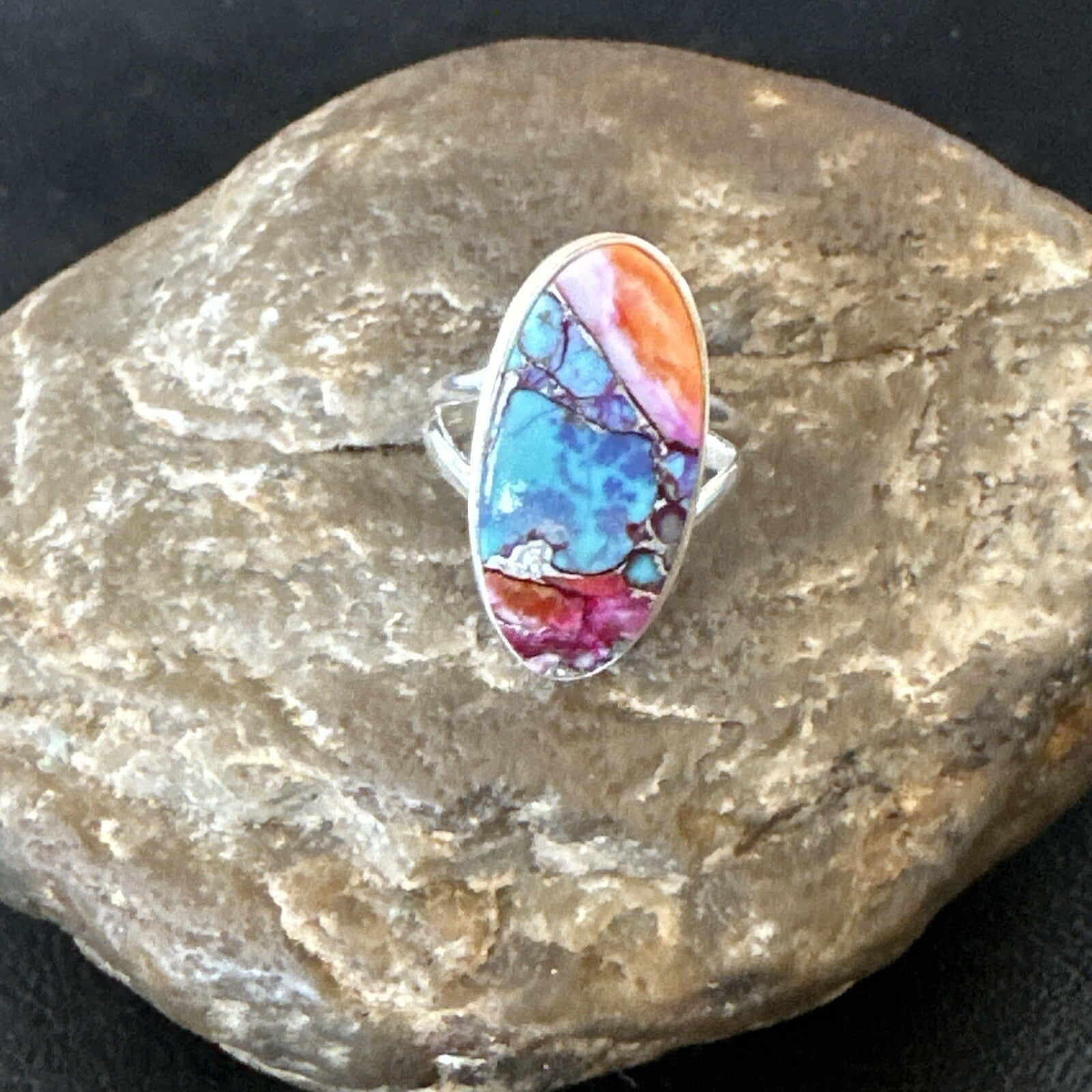 Blue Turquoise Spiny Oyster Southwestern Sterling Silver Ring Size 7 18496