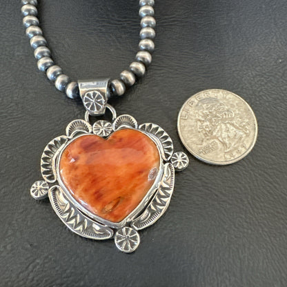H Joe Orange Spiny Oyster Heart Pendant Navajo Sterling Silver Necklace 19482
