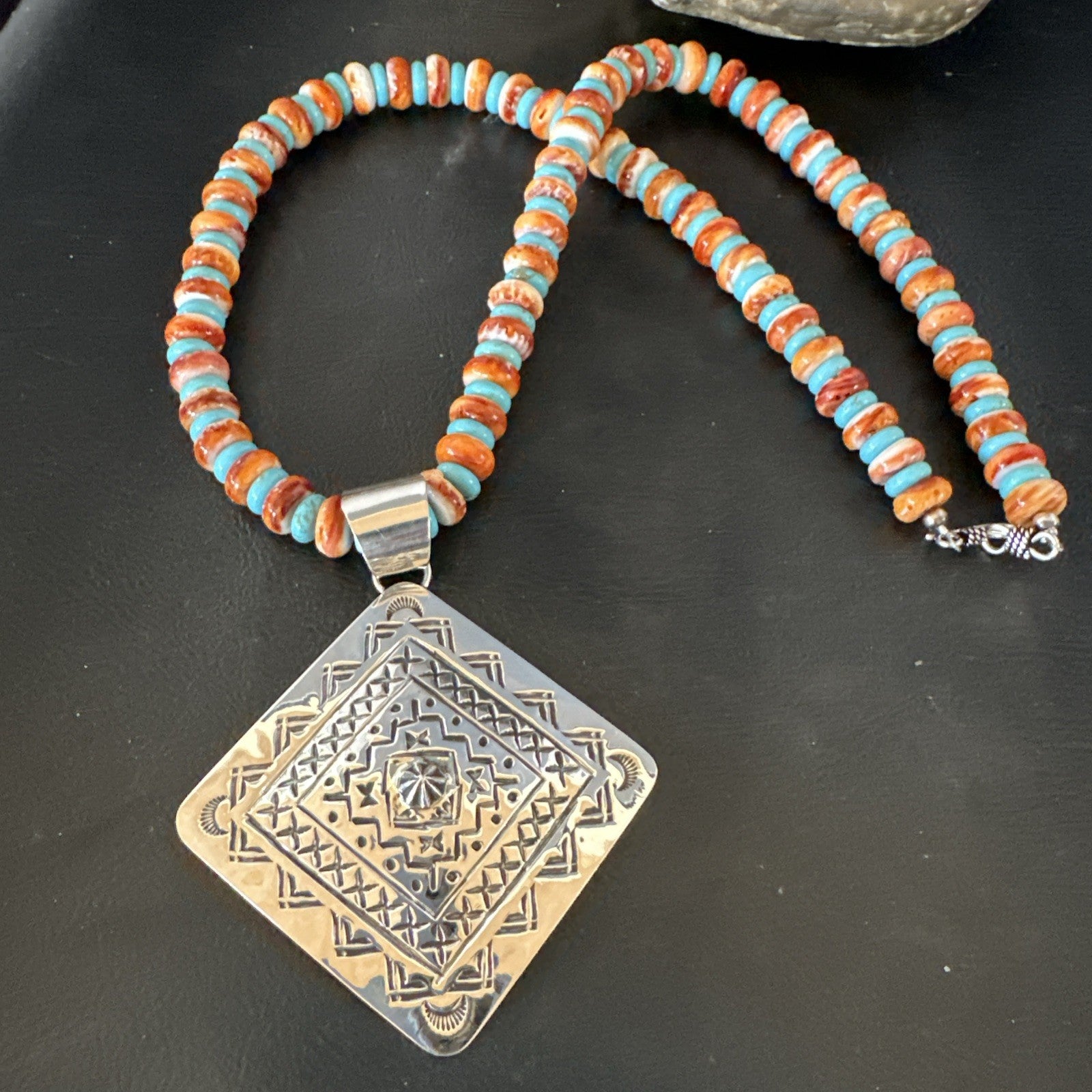 Orange Spiny Oyster Turquoise Navajo  Pendant Sterling Silver Necklace 21” 19043