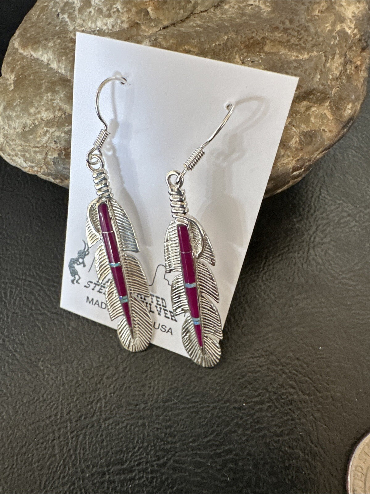 Purple Sugilite Opal Sterling Silver Handmade Inlay Feather Earrings 18694