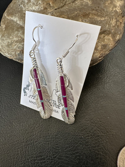 Purple Sugilite Opal Sterling Silver Handmade Inlay Feather Earrings 18694