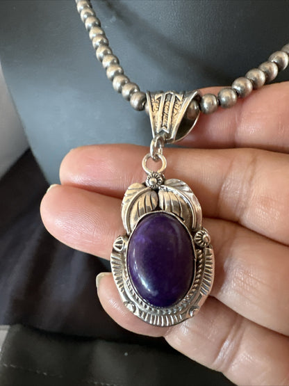 Purple Stone Pendant Navajo Pearls Sterling Silver Necklace 20” 18049