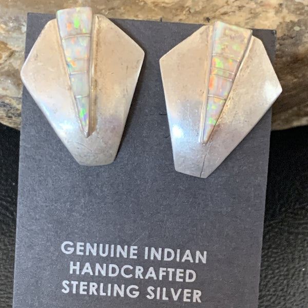 Women's White Opal Inlay Navajo Dangle Post Earrings 0.5" | Sterling Silver | Authentic Native American Handmade | 12766