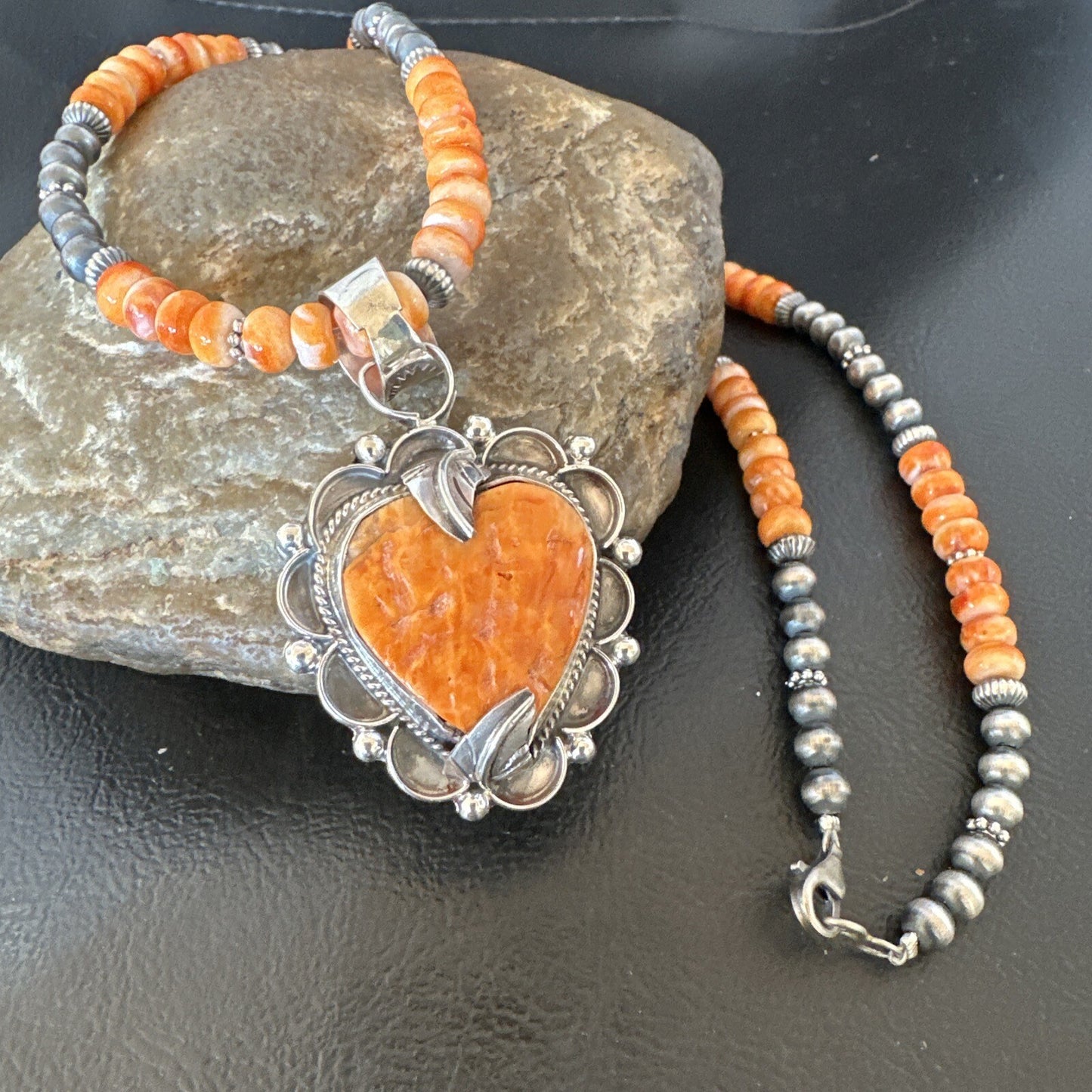 Orange Spiny Oyster Heart Pendant Navajo Sterling Silver Necklace Halloween16293