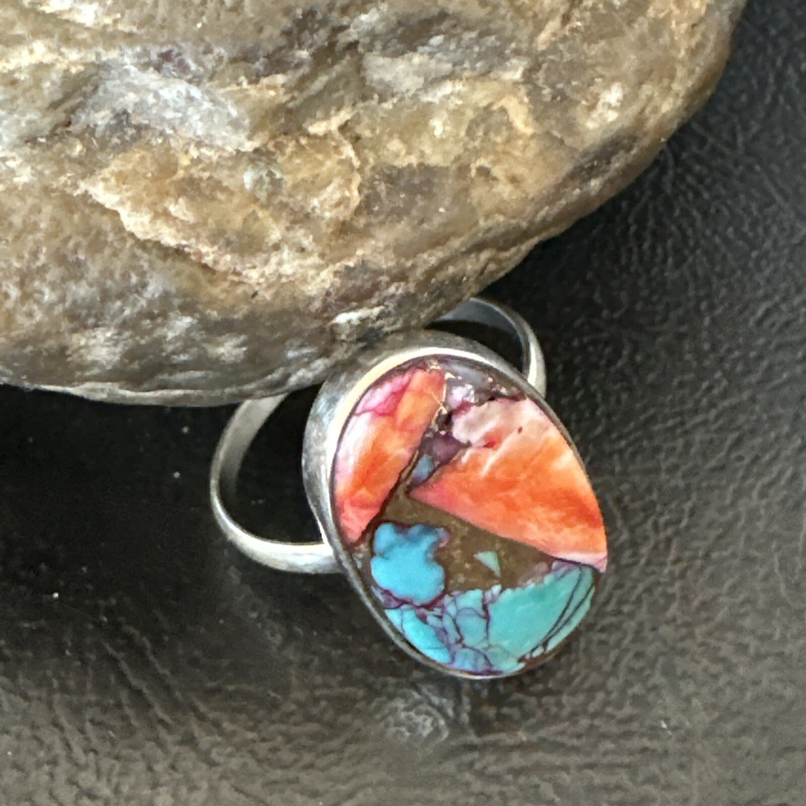 Blue Turquoise Spiny Oyster Southwestern Sterling Silver Ring Size 11 18457