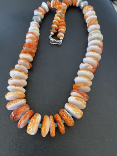 Navajo Turquoise & Orange Spiny Oyster Necklace Graduated 22" 10587