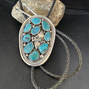 Men's Bolo Tie Cluster Blue Kingman Turquoise Navajo | Sterling Silver | Authentic Native American Handmade | 14522