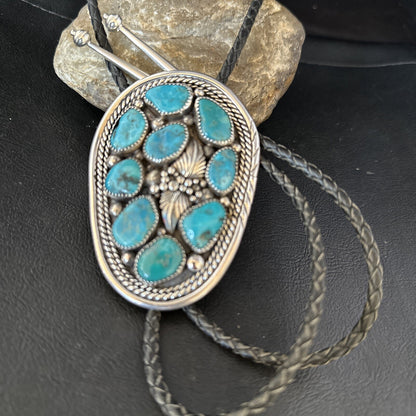 Mens Bolo Tie Cluster Blue Kingman Turquoise Sterling Silver Navajo 14522