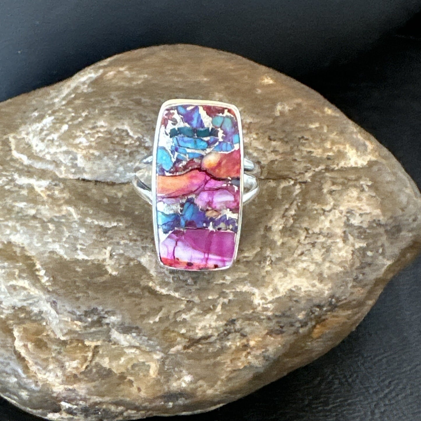 Blue Turquoise Spiny Oyster Southwestern Sterling Silver Ring Size 9 18541