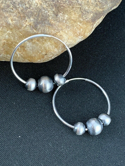 Native American Indian Sterling Silver Beads Hoop Earrings 03755