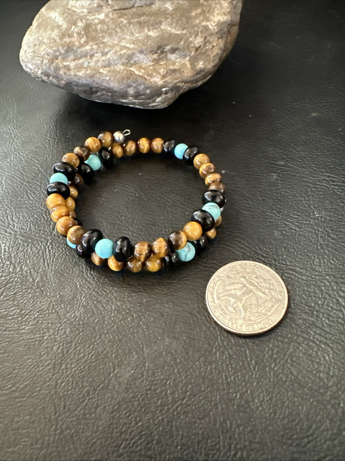 Blue Turquoise Coffee Tigers Eye Navajo Stainless Memory Wire Bracelet 19695