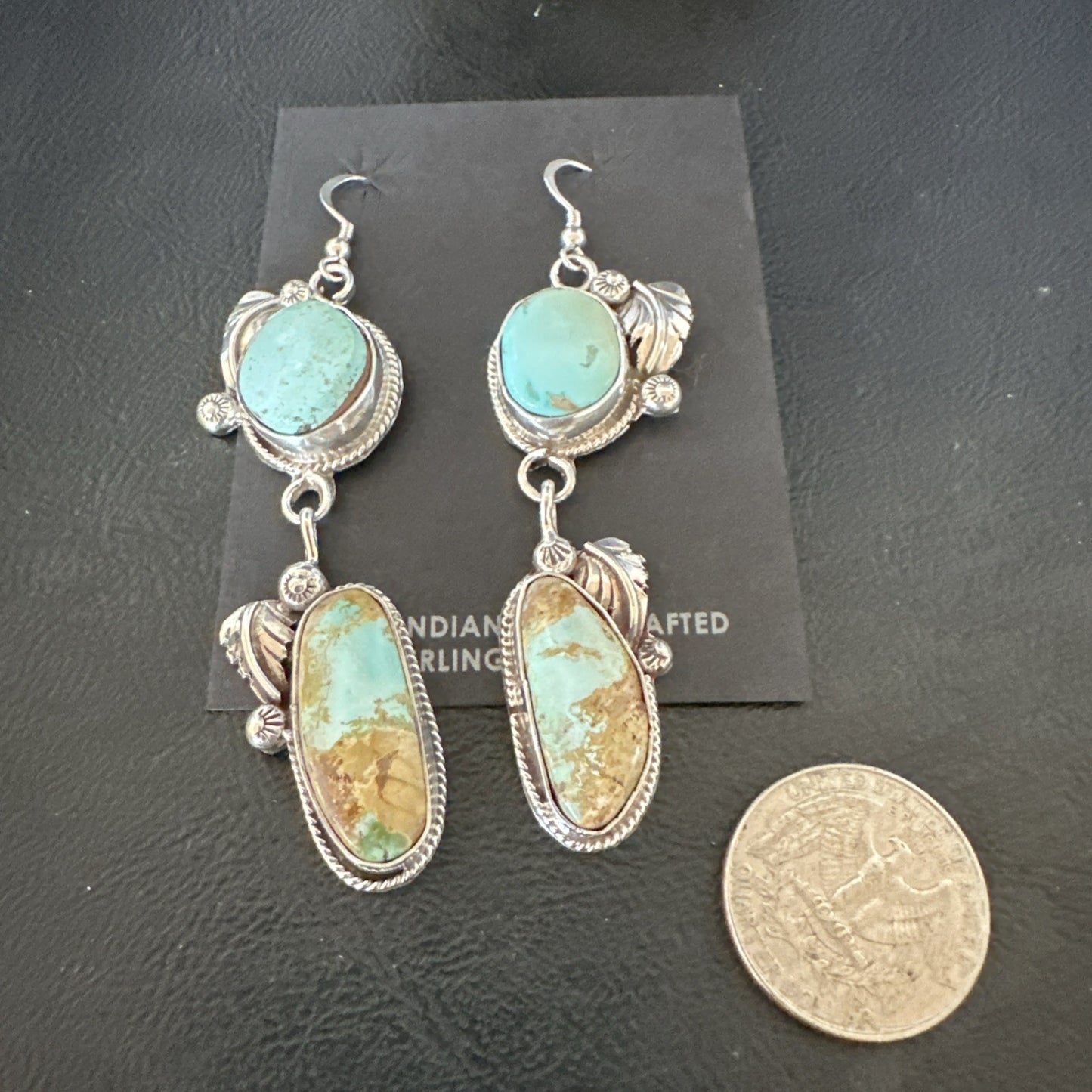 Green Royston Turquoise Navajo Sterling Silver Dangle Earrings 19601
