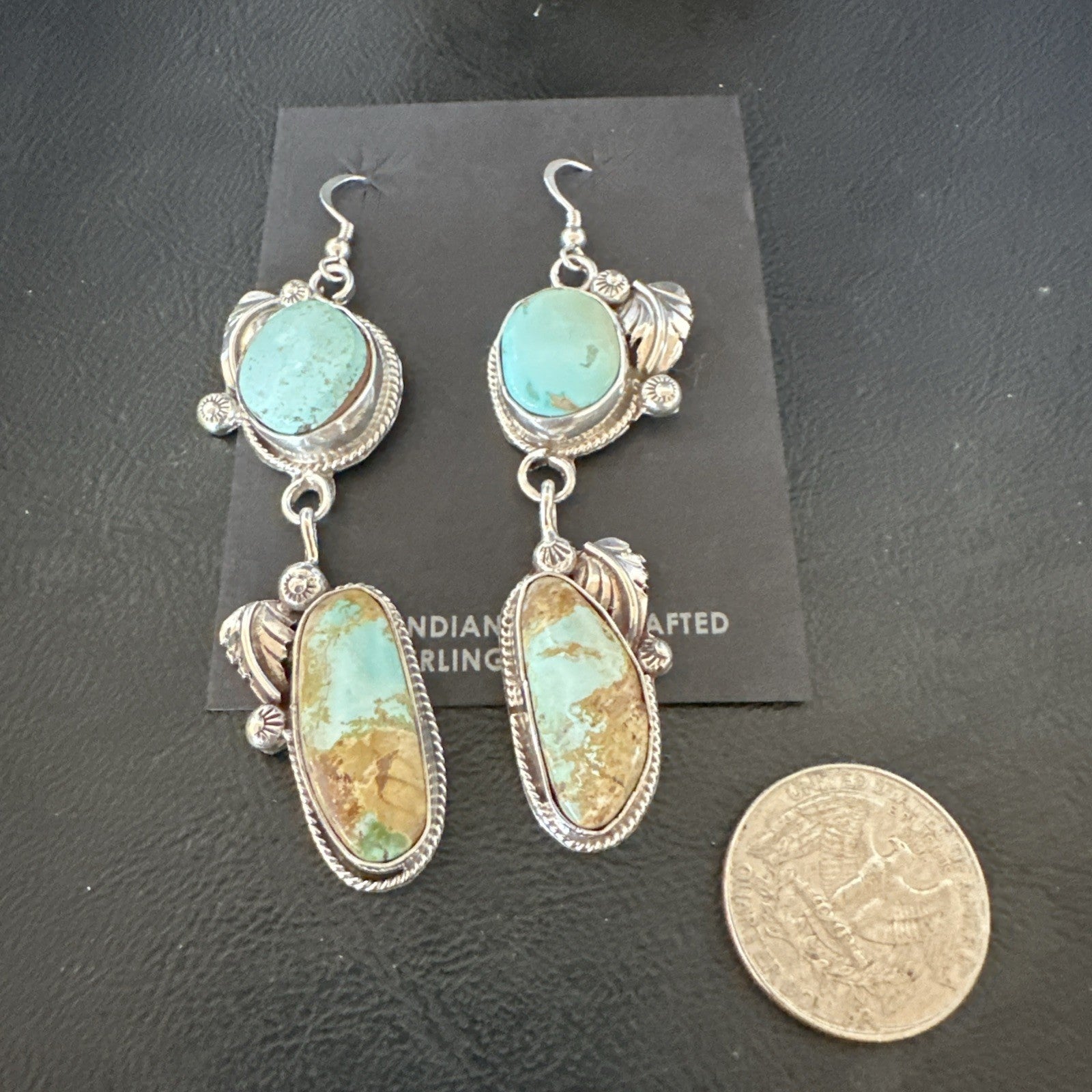 Green Royston Turquoise Navajo Sterling Silver Dangle Earrings 19601
