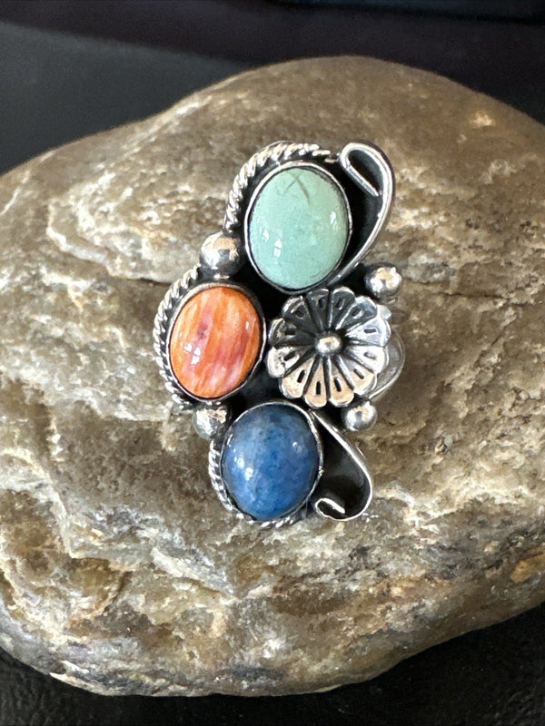 Multicolor Ring Turquoise Spiny Navajo Cluster Size 9 | Sterling Silver | Authentic Native American Handmade | 19187