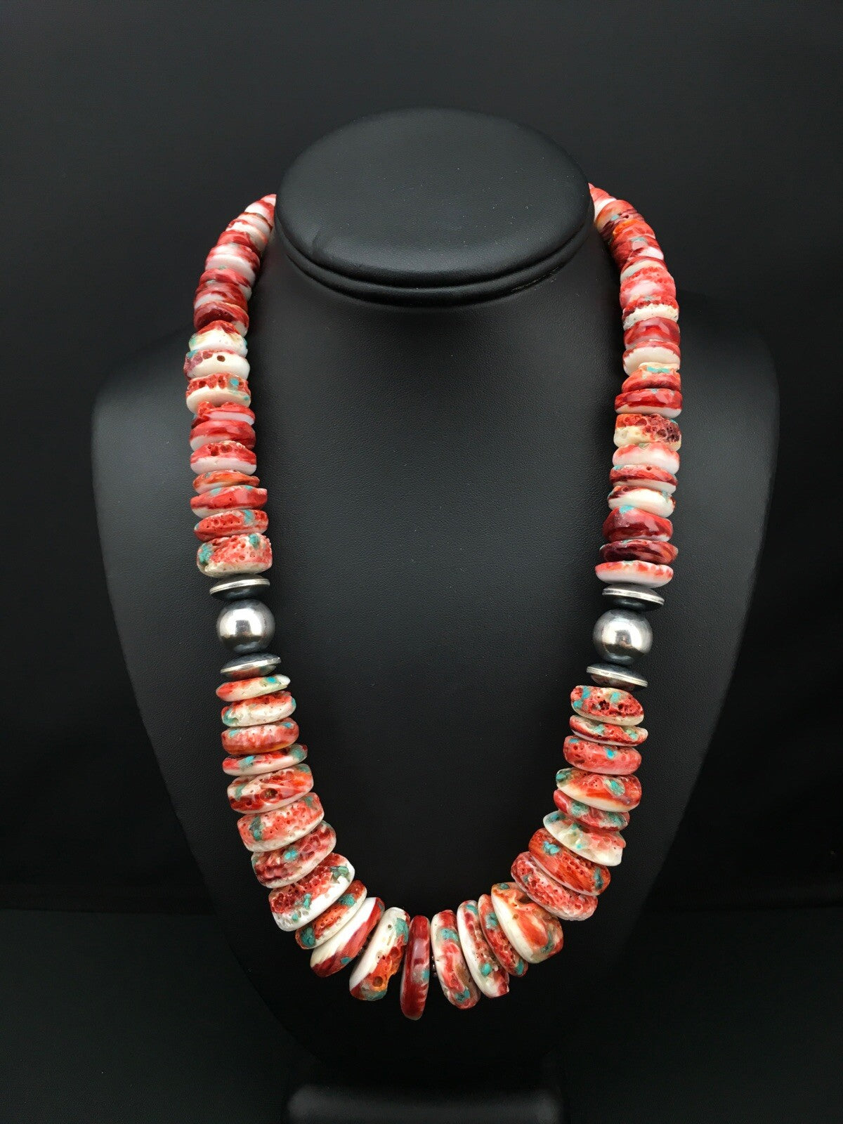 Native Spiny Oyster Graduated Navajo Sterling Silver Necklace 21" 04719