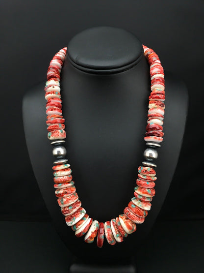 Native Spiny Oyster Graduated Navajo Sterling Silver Necklace 21" 04719