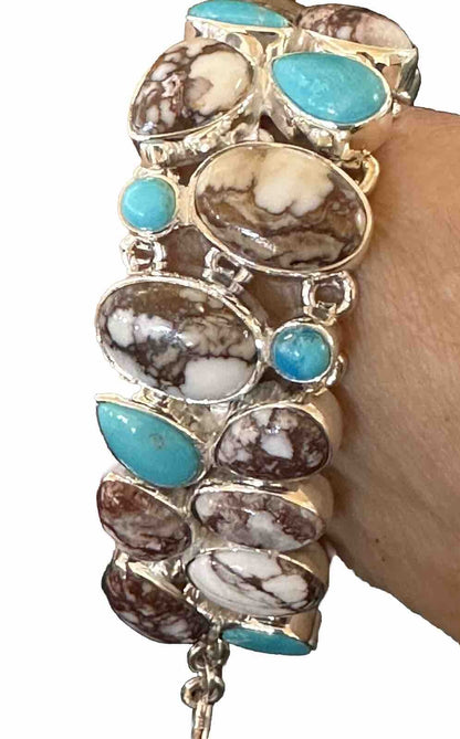 WoMen Blue Wild Horse Turquoise Sterling Silver Southwestern Link Bracelet 17973