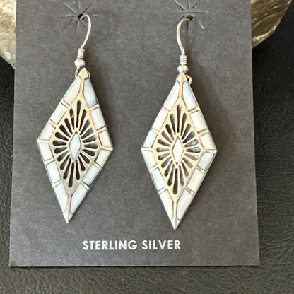 White Mother of Pearl Navajo Sterling Silver Dangle Inlay Earrings 19014