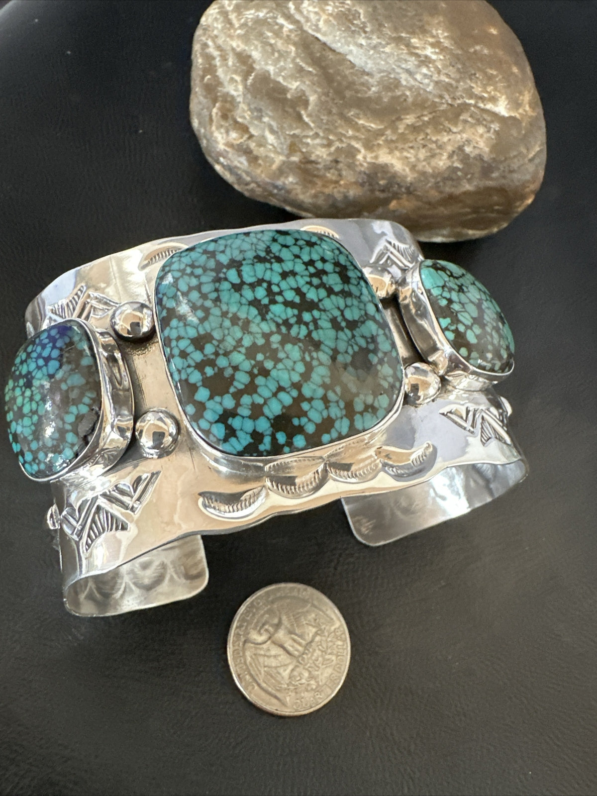 XL Blue Kingman Turquoise 3 Stone Navajo Sterling Silver Cuff Bracelet 18022