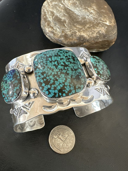 XL Blue Kingman Turquoise 3 Stone Navajo Sterling Silver Cuff Bracelet 18022